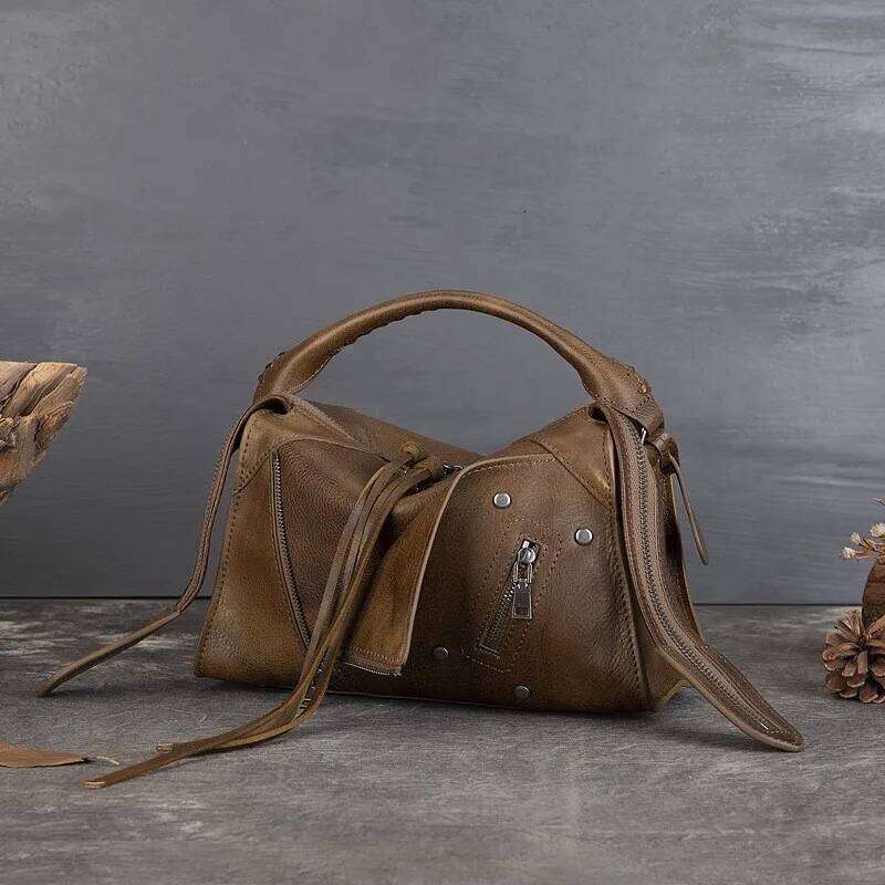 Johnature Genuine Leather Retro Lapel Handbag 2025 New Large Capacity Women's Bag Tassel Versatile Shoulder Crossbody Bags