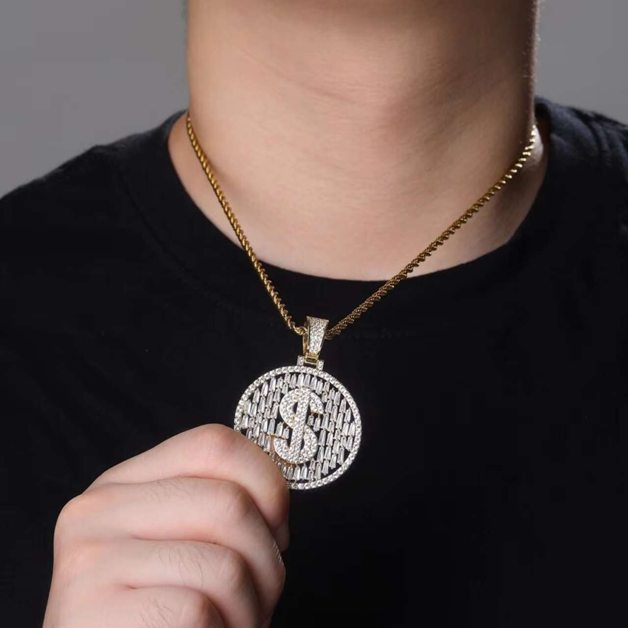 Luxury Hip Hop Style Bling Baguette Large Pendant Dollar Sign Necklace Moissanite Necklaces for Men and Women