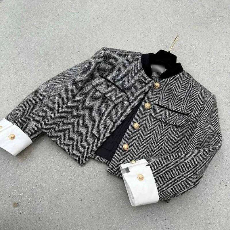 Biyaby Metal Button Stand Collar Jackets for Women Korean Style Pockets Plaid Coat Woman Spring Long Sleeve Cropped Jacket