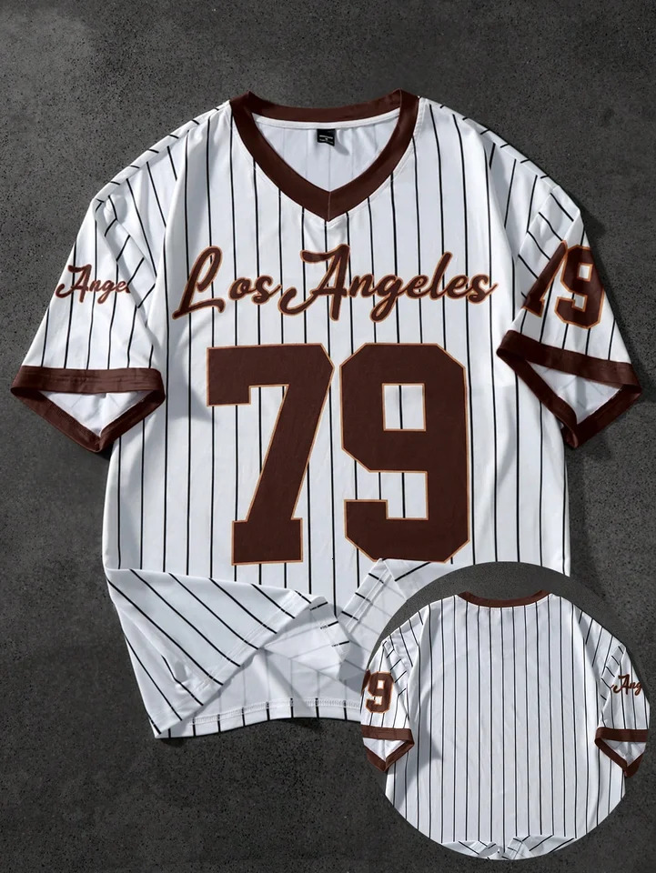 College print mens sweatshirt Vneck black shortsleeved shirt Retro fashion baseball style 250618