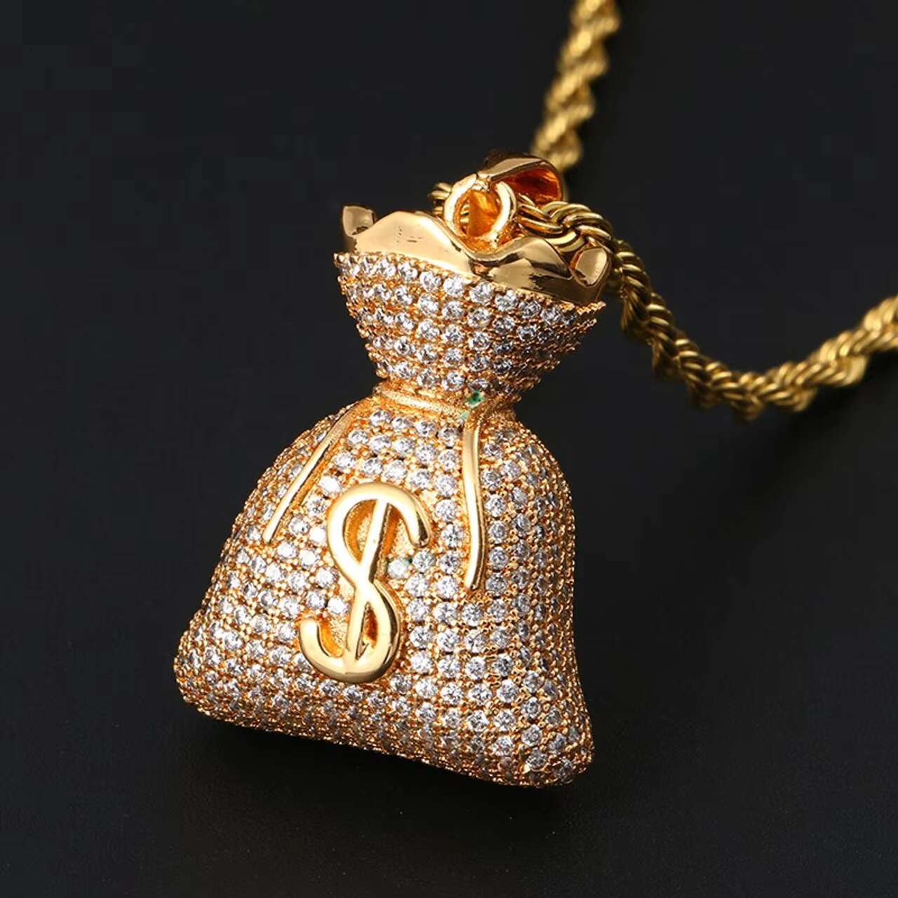 Luxury Hip Hop Style 18K Gold 925 Silver Iced Out Dollar Sign Money Bag Pendant Mens Womens Moissanite Jewelry Necklace