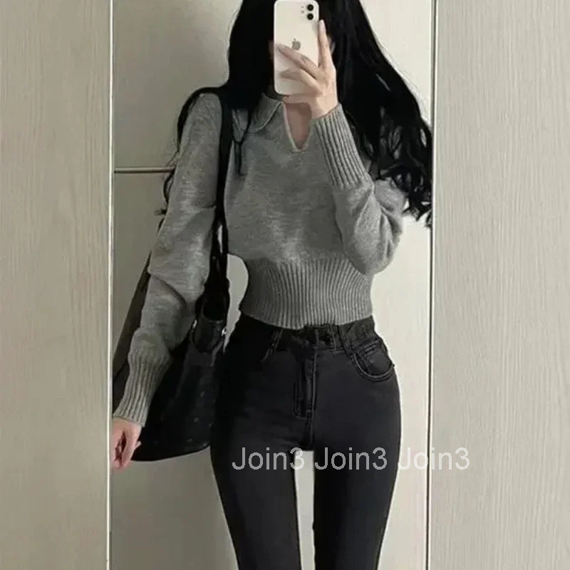 Polyester Knitted Commute Tops Woman Tshirt Cheap Korean Popular Clothes On Offer Y2k Fashion 2025 Polo Neck T Shirt for Women