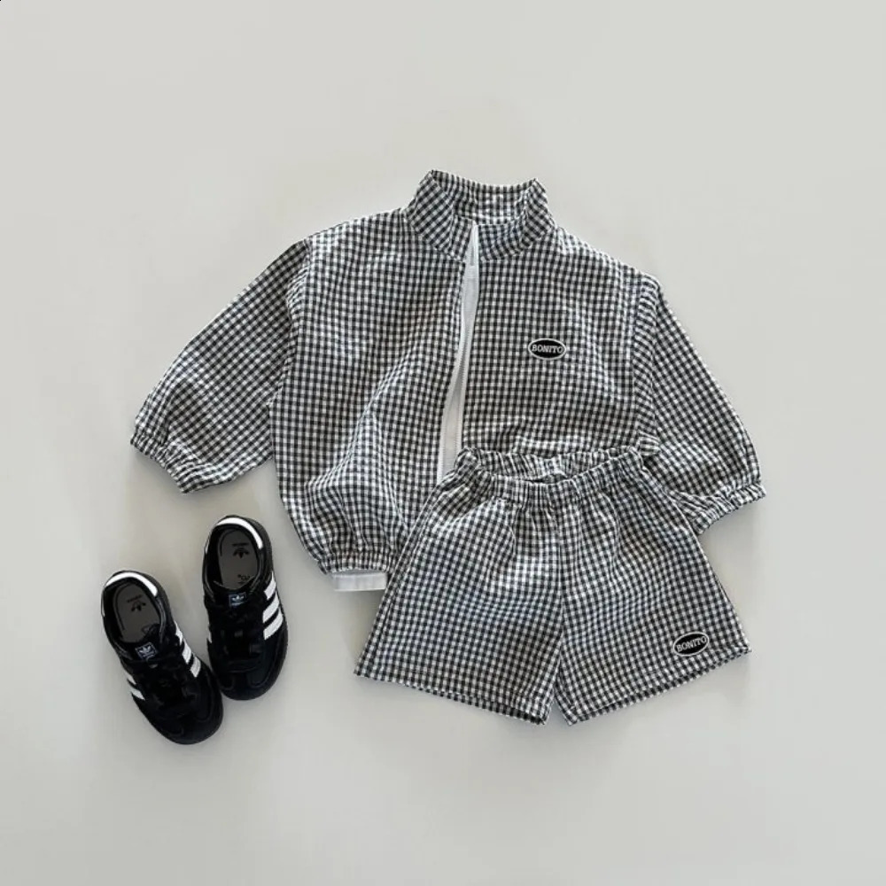 22461 Children Clothing Set Korean Boys Summer Suit Leisure Thin Plaid Zipper Sunscreen CoatShort Two Piece Suit 250617