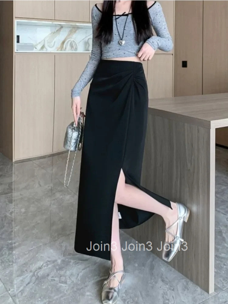 Wrap Tight Midi Skirts for Women with Slit High Waist Aesthetic Premium Casual Korean Style Y2k Vintage Cheap Modest Woman Skirt