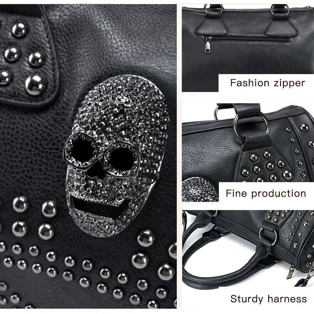Annmouler Women's 2022 Trend Large Capacity Boston Black Skull Handbag Pu Leather Tote Bag Rivet Crossbody Purse