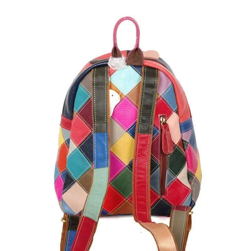 2025 New Genuine Leather Backpack For Women - Colorful Contrast Geometric Patterns Handcrafted Casual Daypack