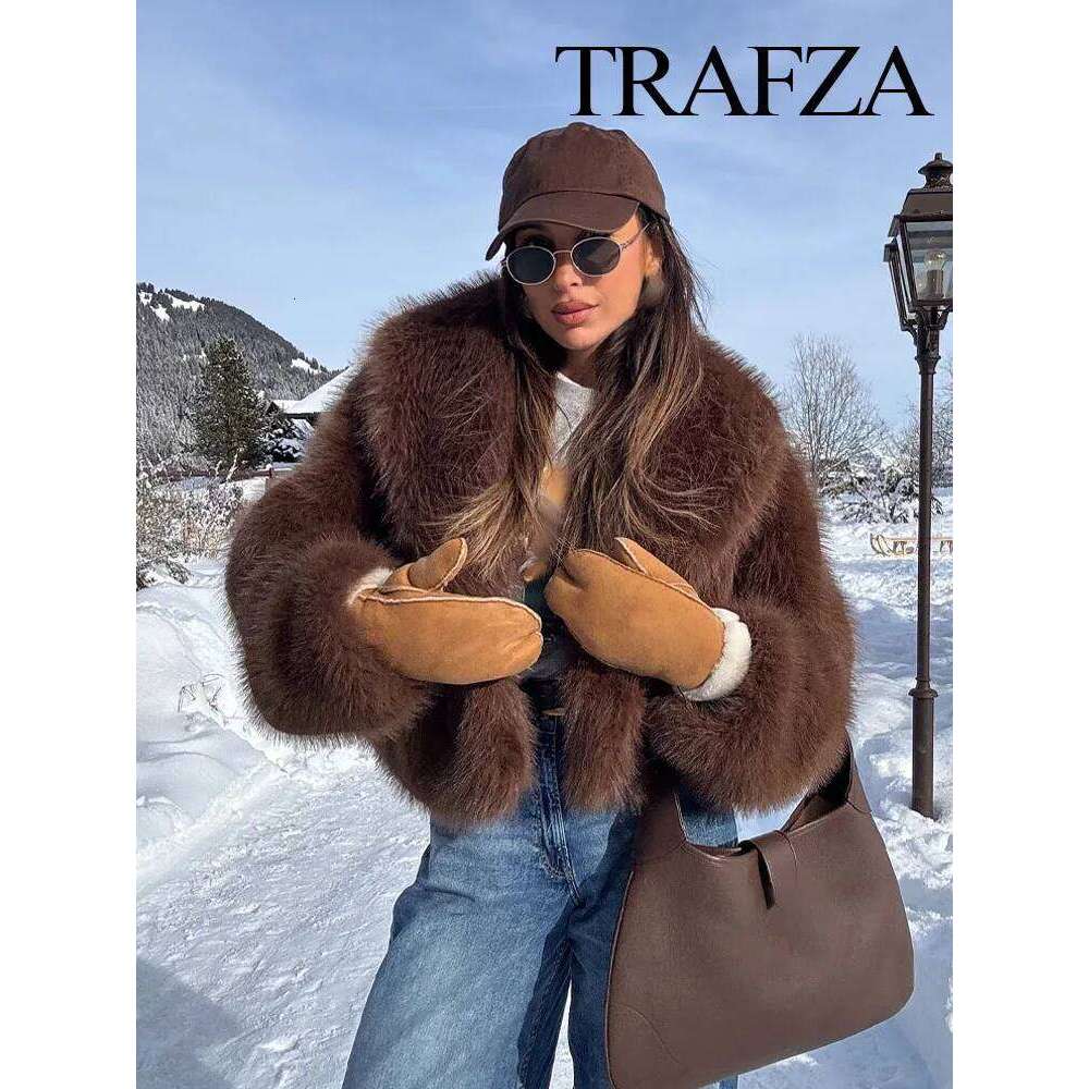 TRAFZA Woman Turn-Down Collar Loose Outerwear Women Elegant Solid Faux Fur Jackets Casual Long Sleeves For Warmth Winter Coat