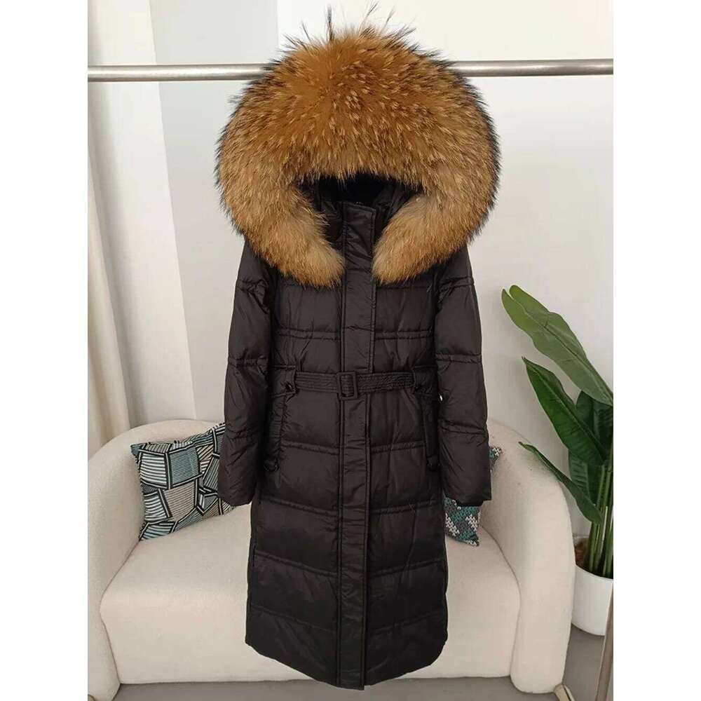 Real Raccoon Fur Winter Natural Fox Fur Collar Jacket Long Women 2024 Thick Warm Duck Down Coat Belt Outerwear Streetwear