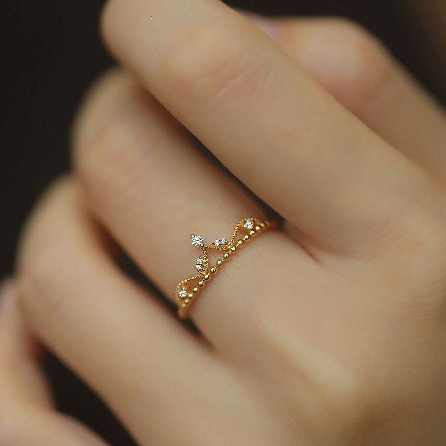 French Micro Paved Zircon for Women Princess Palace Style Light Luxury Crown Open Versatile Ring
