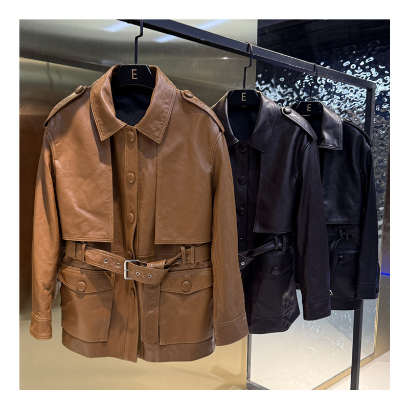 Spring new Hong Kong style locomotive leather windbreaker, genuine leather sheepskin fashionable lace up mid length leather suit top