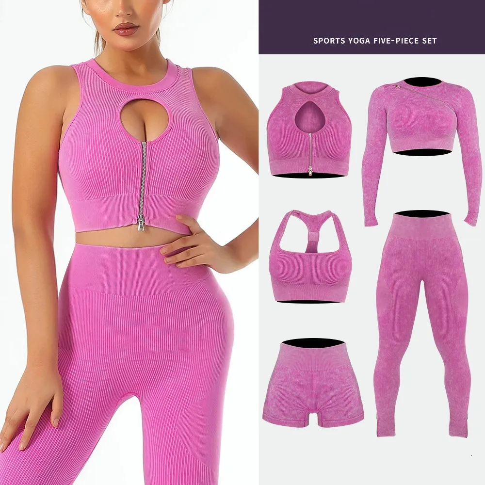 Washed Seamless Yoga Women 2Pcs Two Piece Gym Set Crop Top Bra Shorts Zipper Sport suit Workout Outfit Fiess Wear Clothes 240705 H1