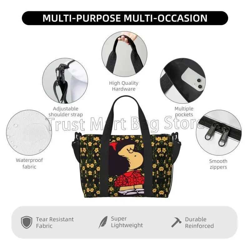 Cartoon Mafalda Print Carry on Travel Bag Medium Foldable Weekender Overnight Bags for Women Waterproof Sport Gym Yoga Bag W250618