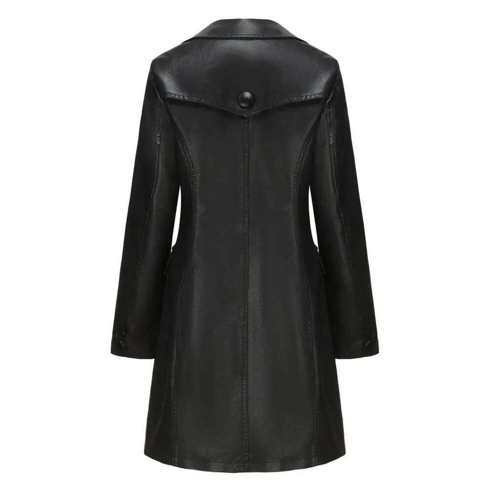 Autumn/Winter Stylish Outfit: Classic Long Black Leather Trench Coat for Ladies