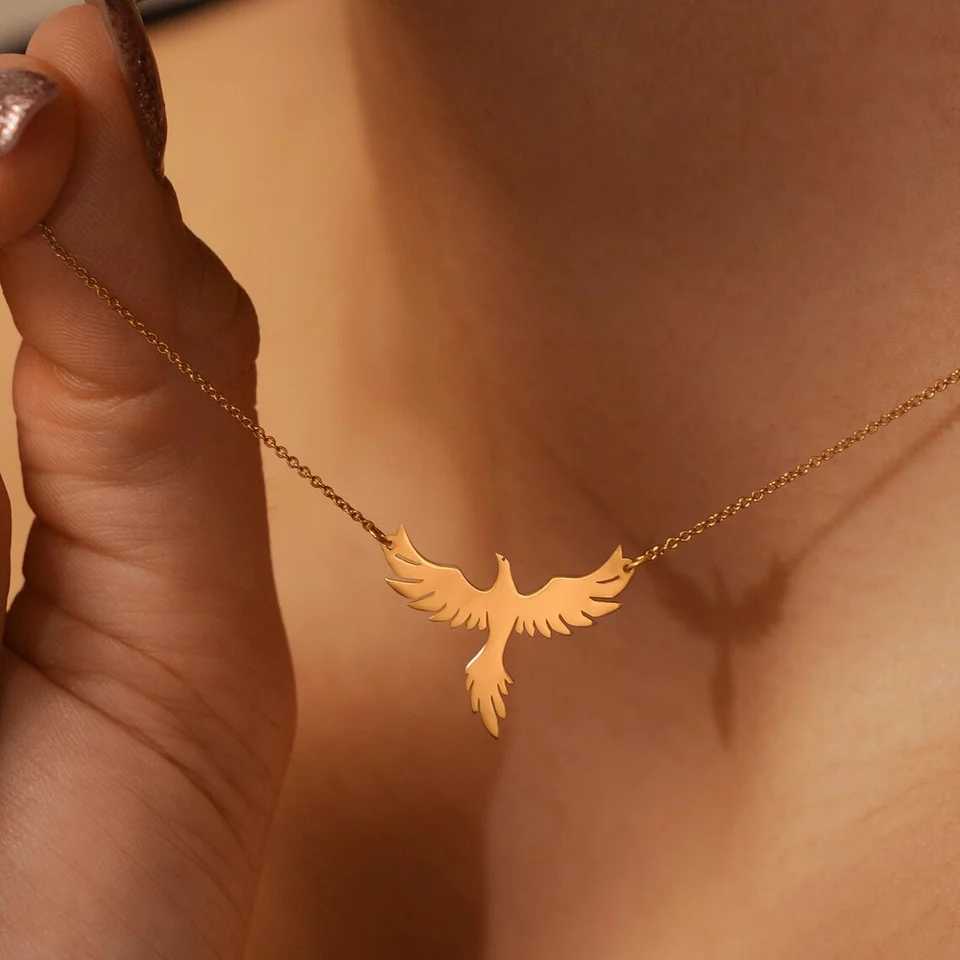 Dainty Rising Phoenix Pendant Necklace Stainless Steel Gold Plated Silver Fantasy Gold Bird Charm W250618