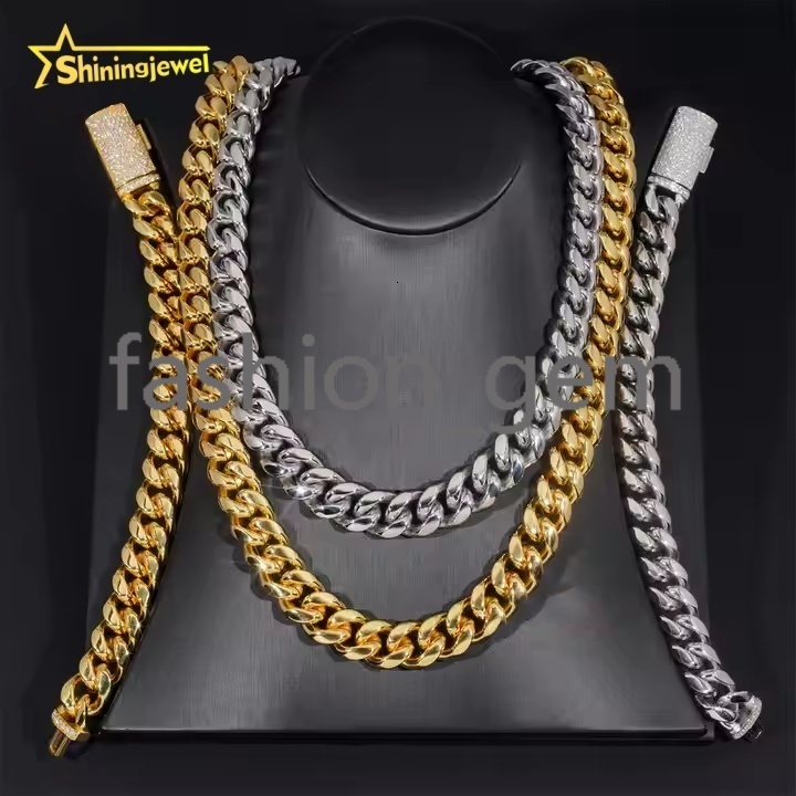 PVD Plated 14MM 925 silver Cuban Chains + 925 Silver VVS Moissanite Lock Fashion Men Hip Hop Necklace Bracelet
