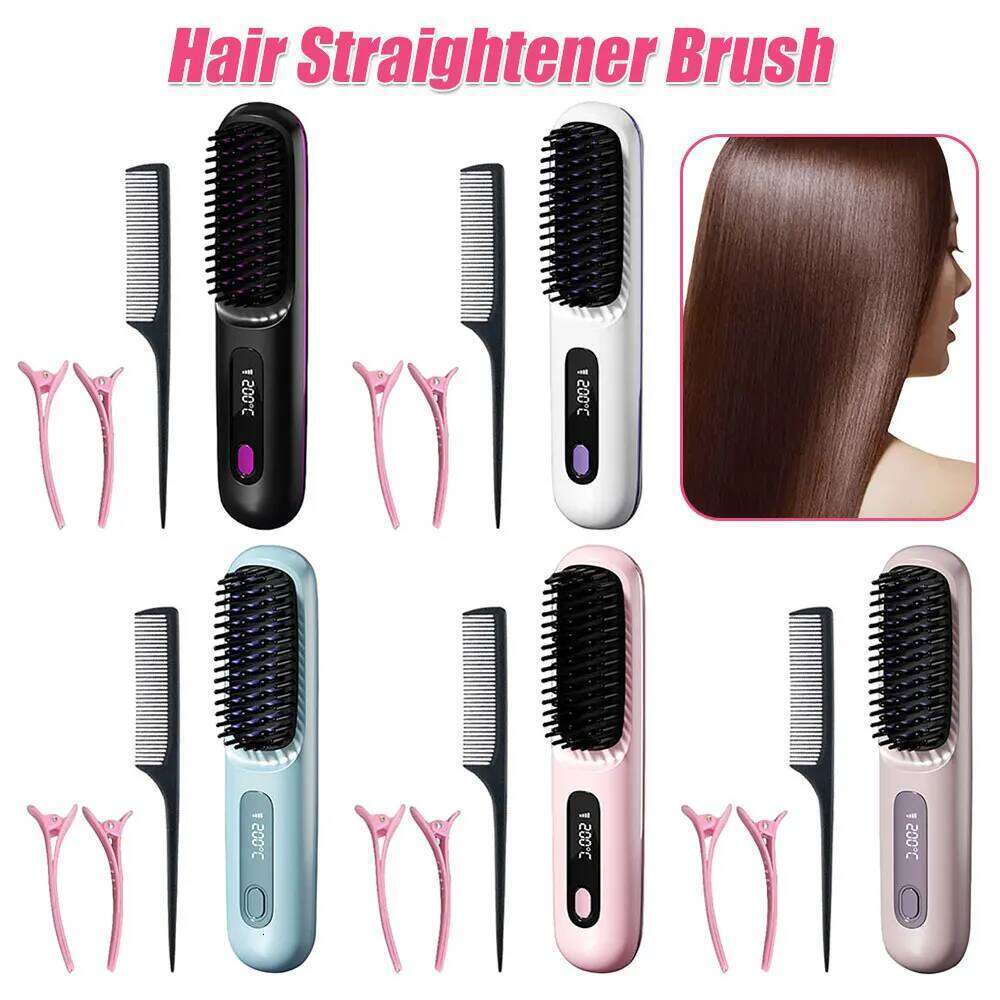 Cordless Straightener Anti-Scald Hair Comb 3 Temp Settings Portable Straightening Brush for Women