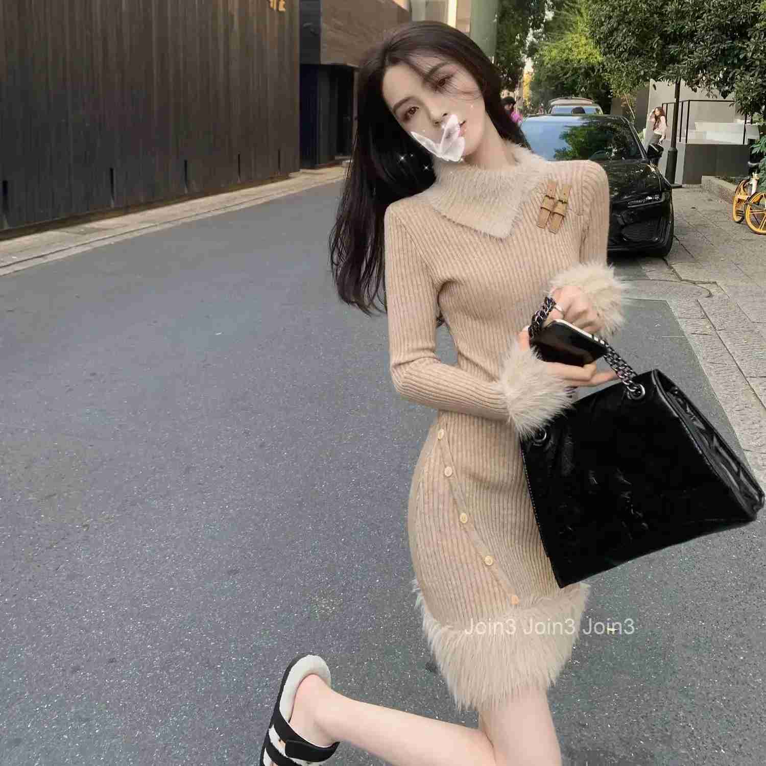 Womens Crochet Dresses Long Sleeve Female Knit Dress Knee Length Midi Cover Up Sensual Sexy One-piece Chic and Elegant Pretty X