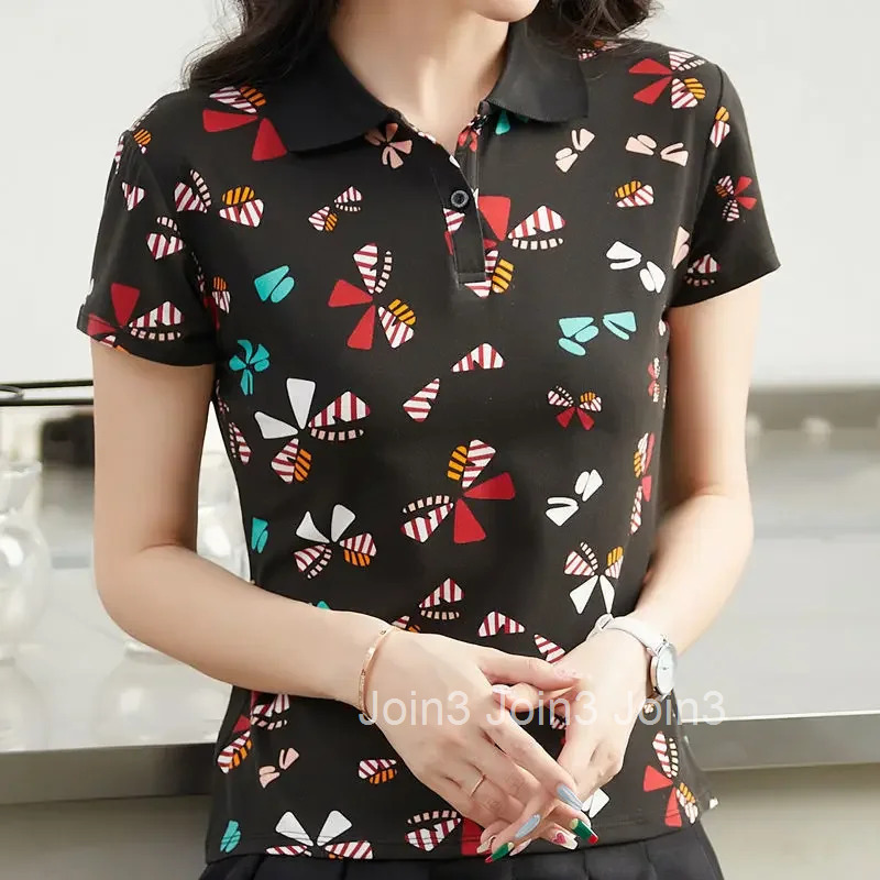 Woman Tshirt Flower Polo Neck T Shirt for Women Short Sleeve Womens T-shirt with Collar Cheap Clothes Y2k Fashion Pulovers 2025