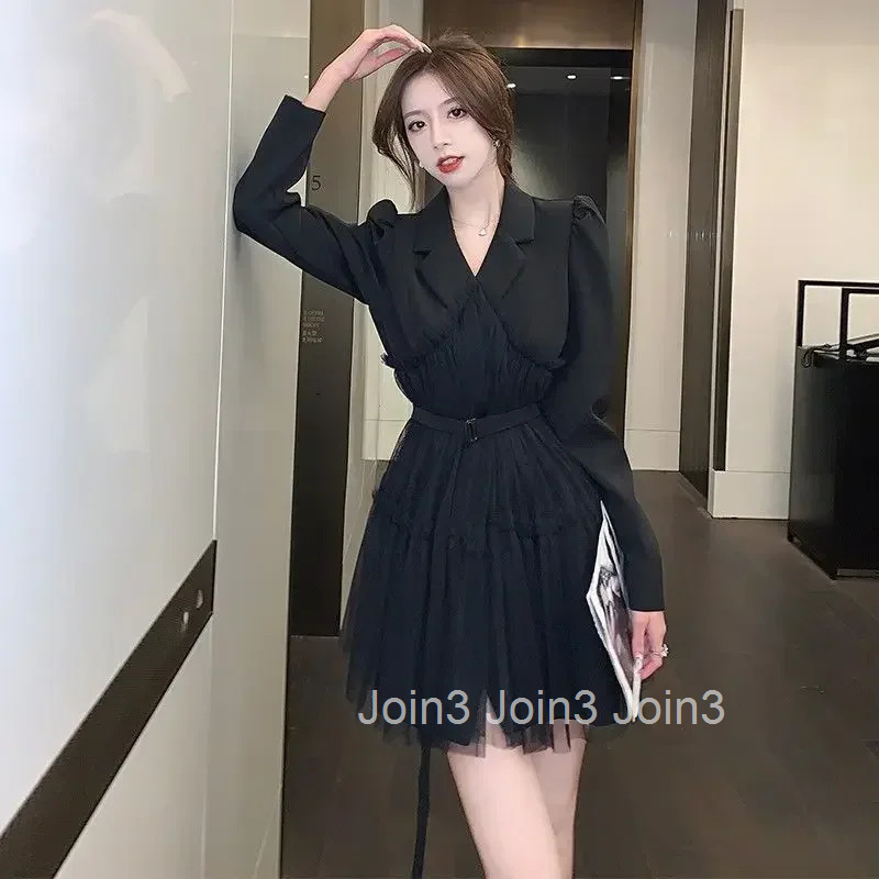 Splicing Female Dress Black White Elegant and Pretty Casual Youth One Pieces Korean Style Aesthetic Womens Long Sleeve Dresses