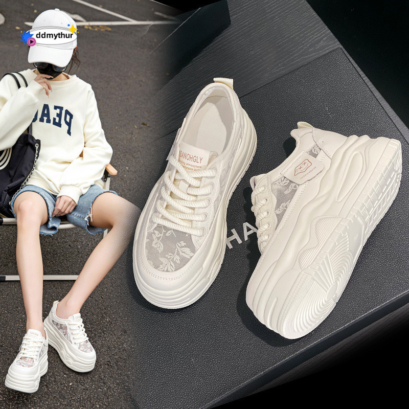 Genuine Leather White Sneakers for Women New Style Single Mesh Breathable Thick Sole Height Increasing Sports Casual Versatile Platform Shoes ddmythur