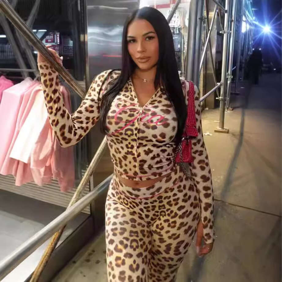 Autumn New Casual Versatile Sexy Leopard Print Hooded Long Sleeve Cardigan Top And Pants Set B5