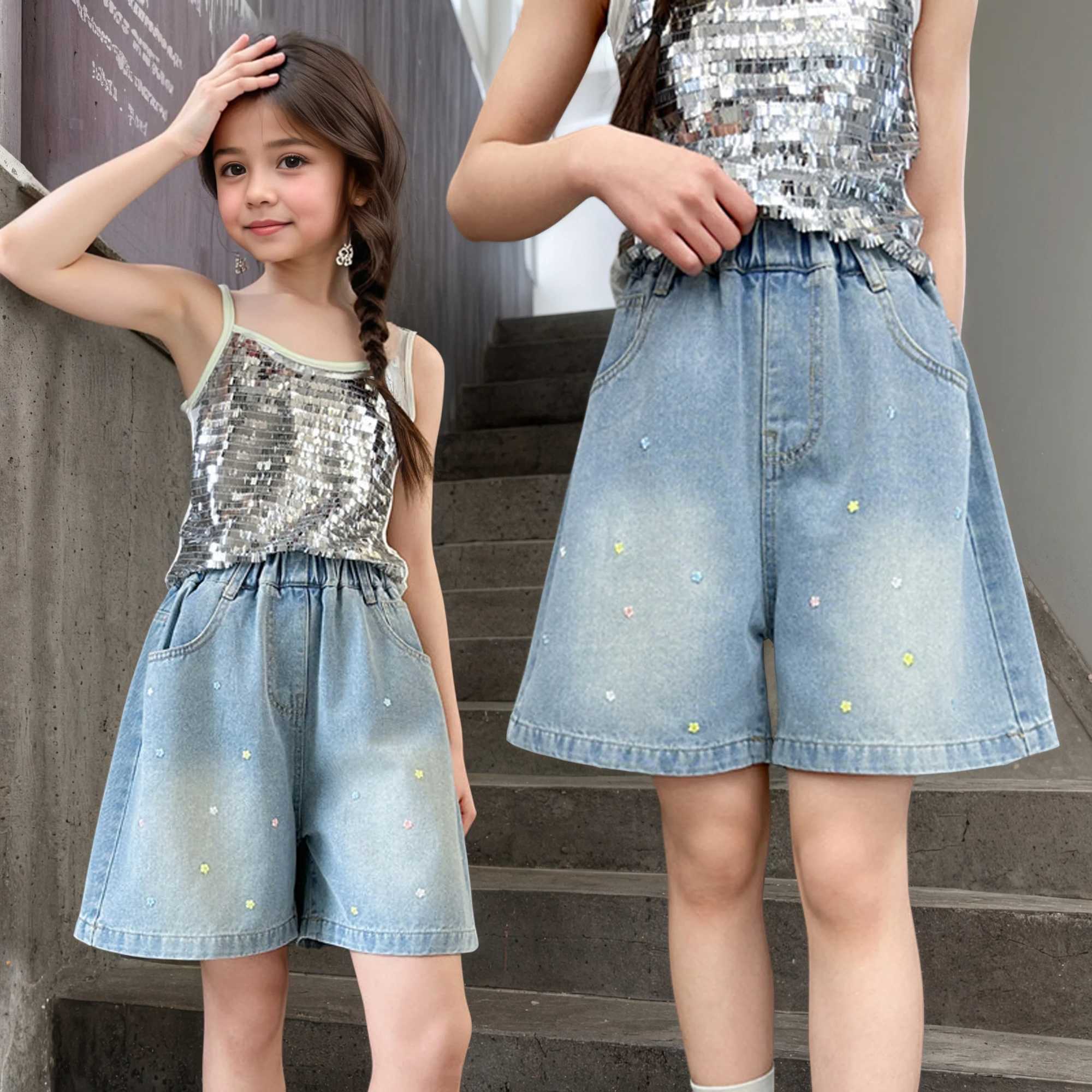 Girls summer small flower denim shorts 2025 new fashion jeans casual sports shorts 5-15 years oldC250617
