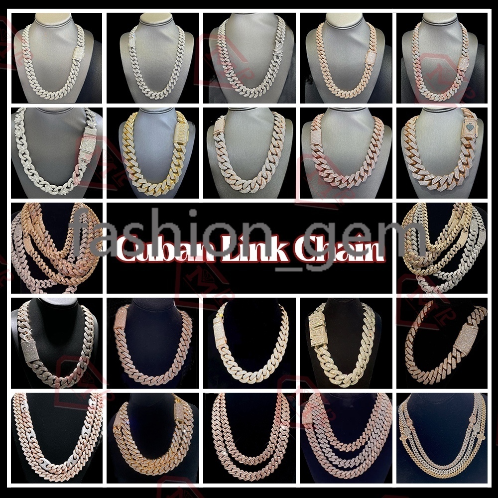 Hip Hop 8mm 10mm 12mm Iced Out 925 Sterling Silver 2 Rows Prong Setting Cuban Chain Moissanite