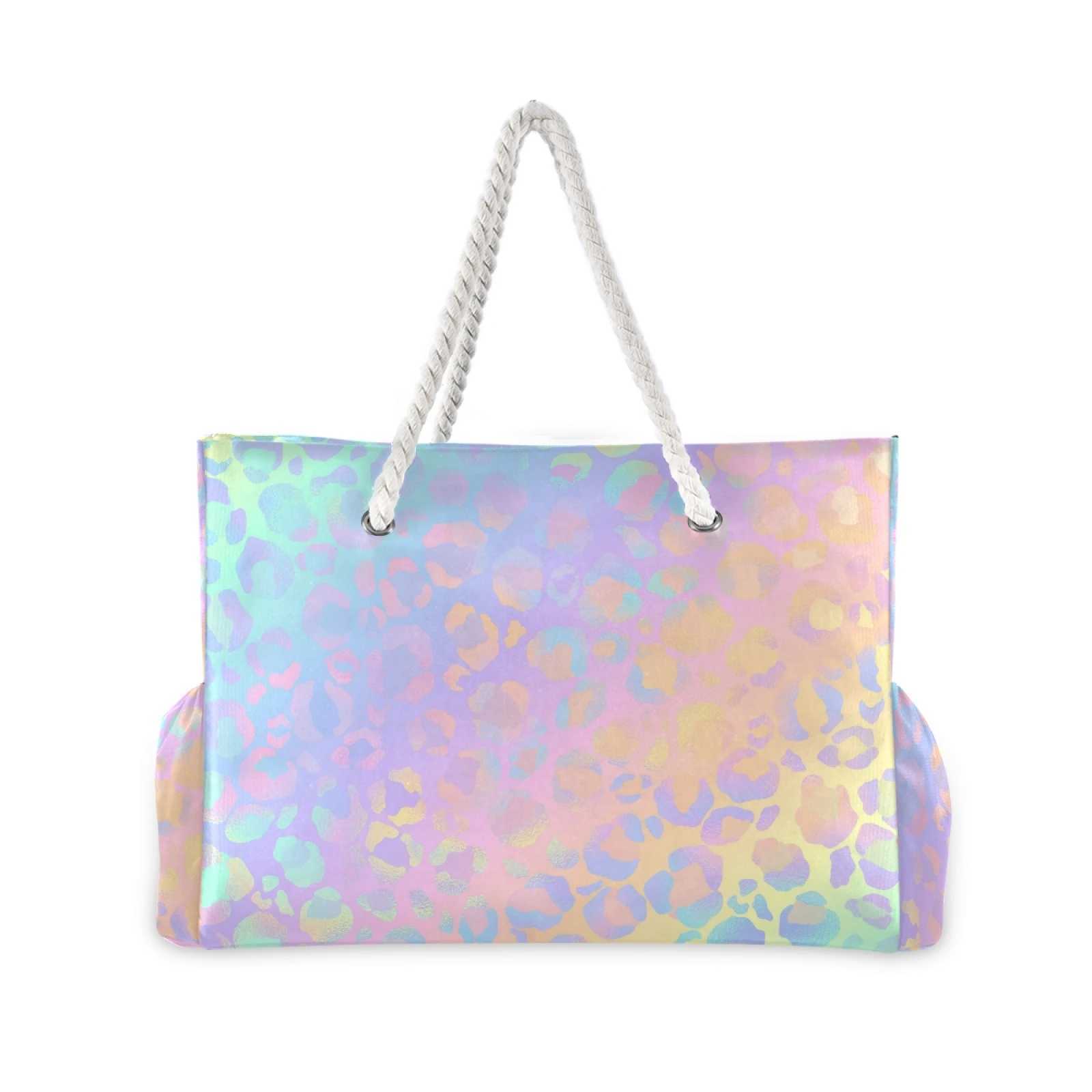 Wen Nylon Shopping Bag Leopard Print Rose Gold Cheetah Shoulder Bag Large Capacity Ladies Beach Bag Tote Shopping Bag B250618