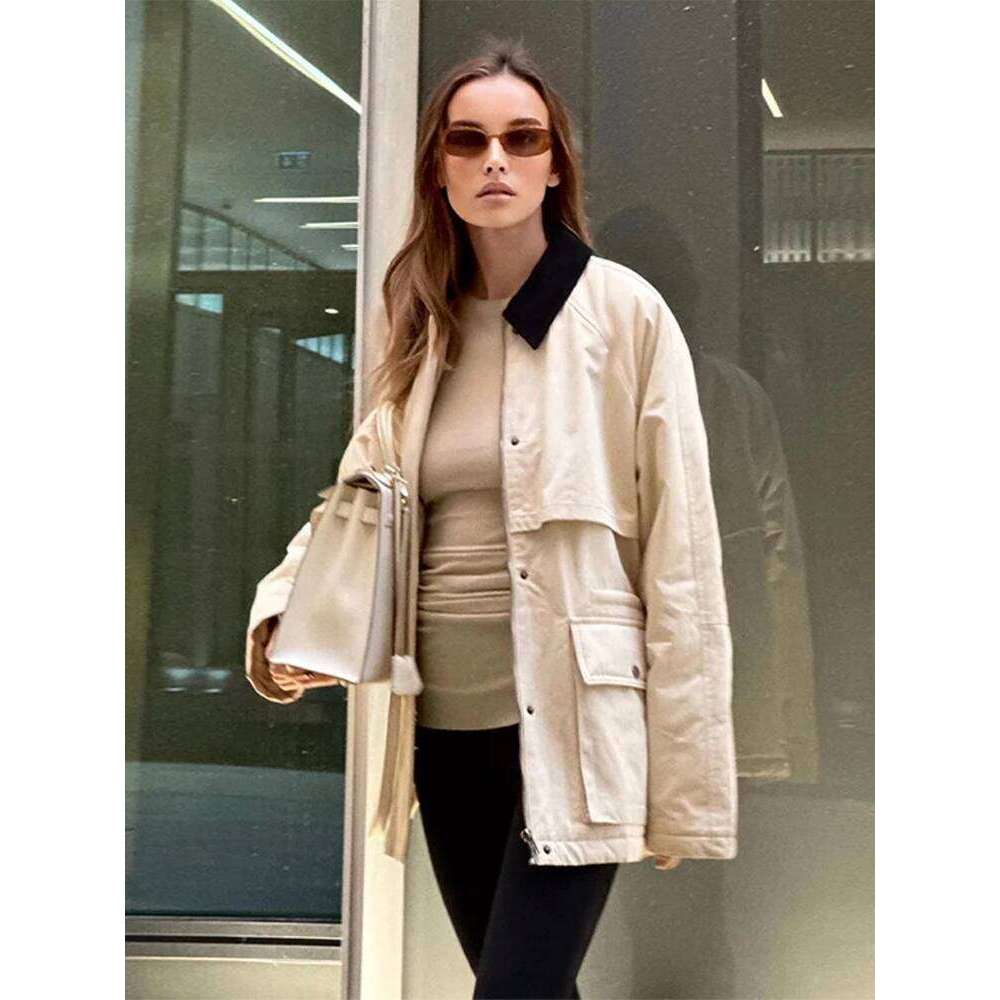 Contrast Lapel Women's Jackets Casual Long Sleeve Zipper Pocket Female Coats Autumn Winter Fashion Lady Streetwear Outwears