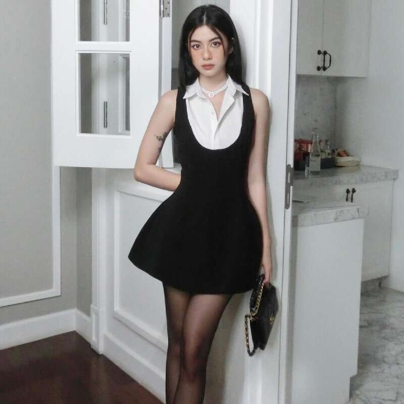 Ins Spring Summer New Sweet Shirt Collar Patchwork Color Block Slim Fit Sleeveless Dress For Women B5