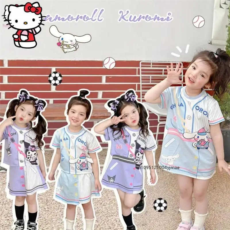 Sanrio Sanrio Hello Kitty Kuromi T Shirt Skirt Girls Dress Sanrio New Summer Anime Short Sleeved Skirt Suit Kawaii Children Casual T ShirtXJ250618