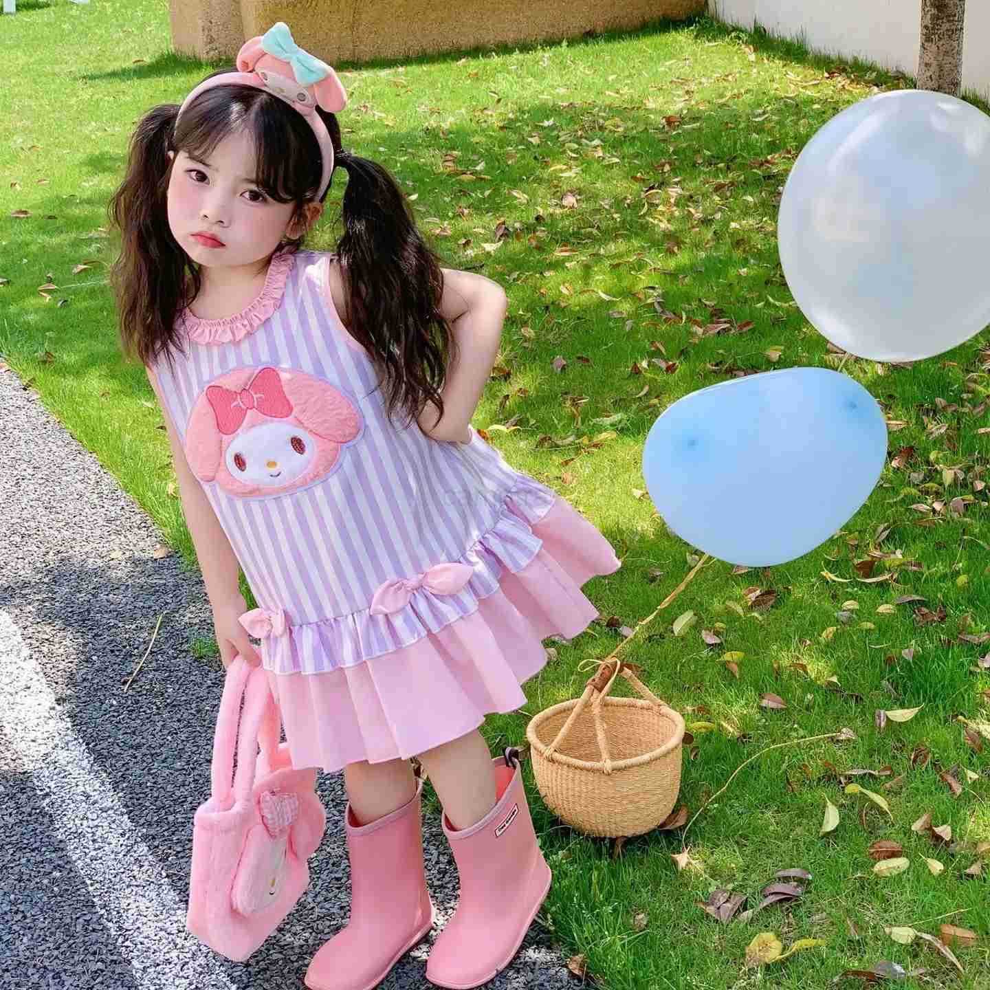 Sanrio Girls Summer Sleeveless Dress 2025 New Children Cartoon My Melody Striped Princess Dresses Sweet Frock Kids Clothing XJ250618
