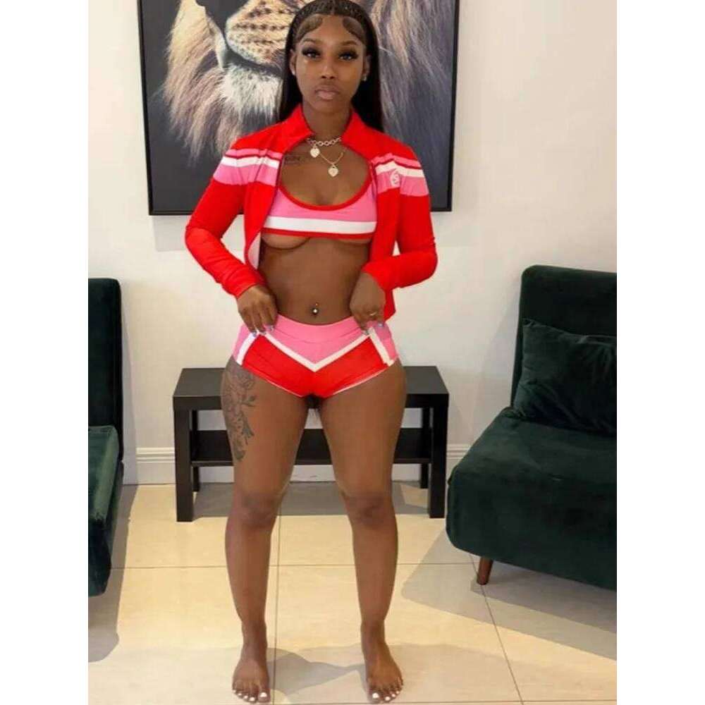 Wear Kricesseen Womens Color Block Sweatshirt Jacket Top And Matching Shorts Red Swimsuits 3 Piece Outfits Beach Set Active Wear