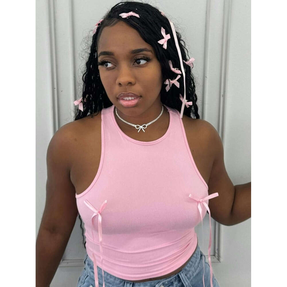 Summer New Slim Fit Fashion Solid Color Bowknot Girl Short Tank Crop Top B5