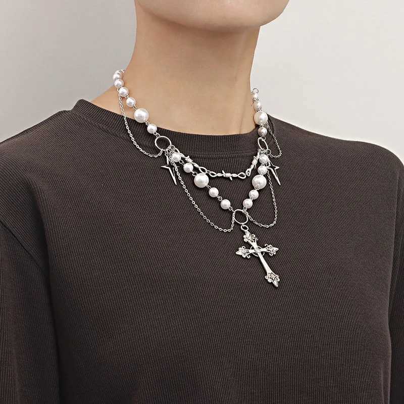 Vintage Gothic Cross Rosary Necklaces Wen Punk Layered Chain Charm Handmade Sacred Pearl Beaded Choker Necklace Girl GiftsC250617