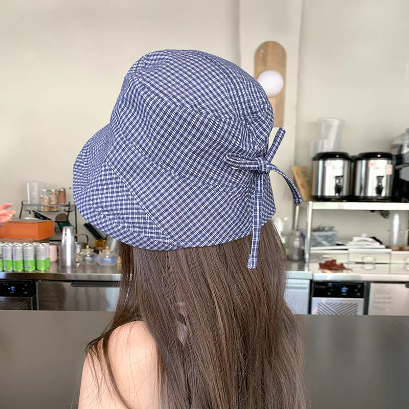 Japanese Style Fisherman Hat Women Summer Check Pattern Rolled Brim Wide Brim Face Slimming Bucket Hat Sun Protection 250618
