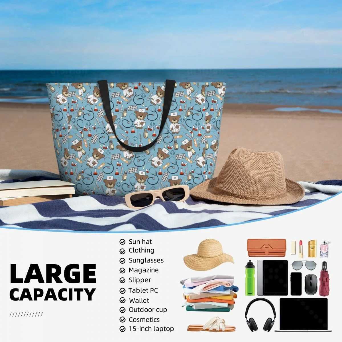 Carto Ladies Doctor Travel Tote Bag Large Sandproof Beach Bag with Zipper and Pockets for Wens Brother Gym and Travel B250618