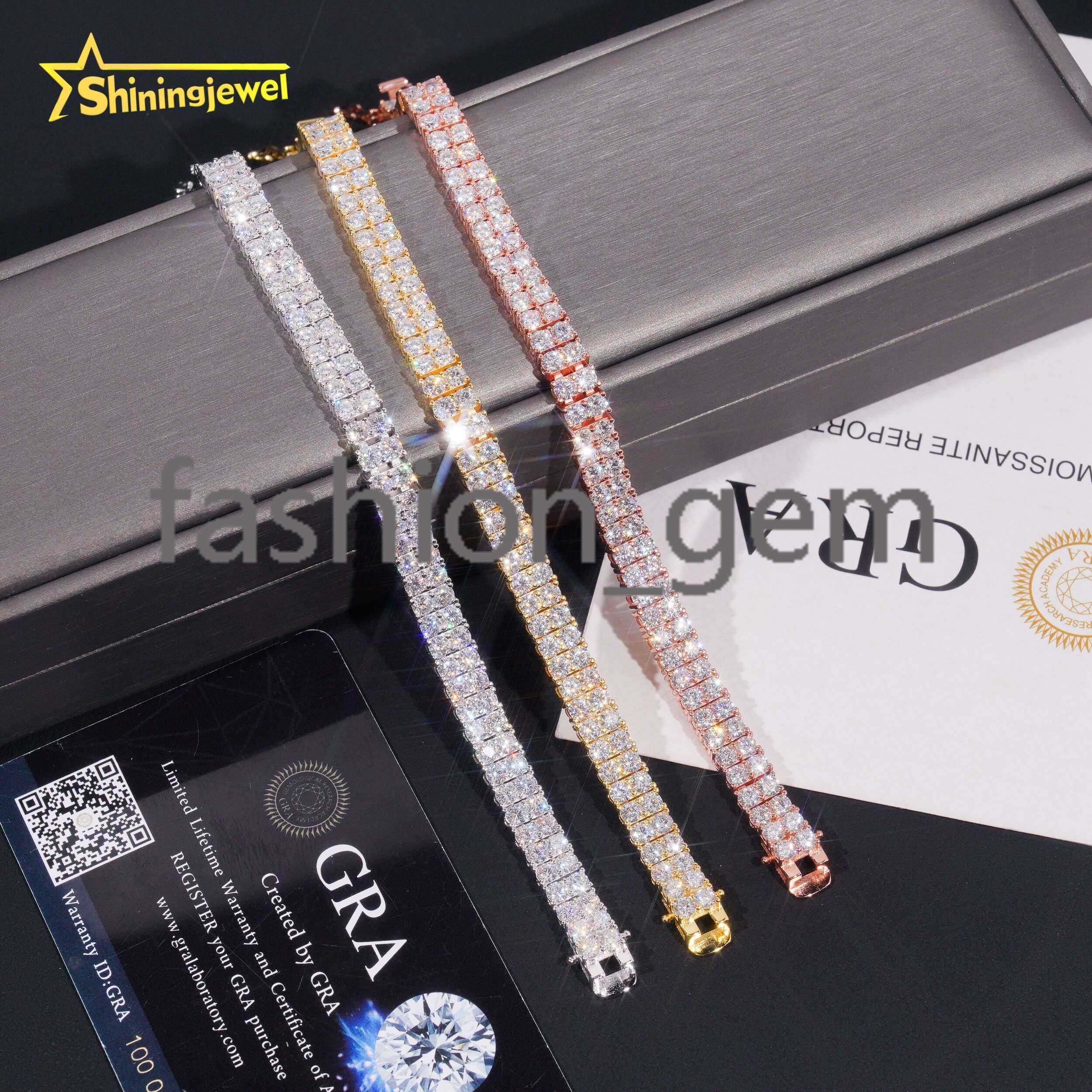 2rows VVS GRA Moissanite Tennis Bracelet Sterling Silver 925 Luxury Gold Plated Moissanite Hip Hop Tennis Chain Jewelry