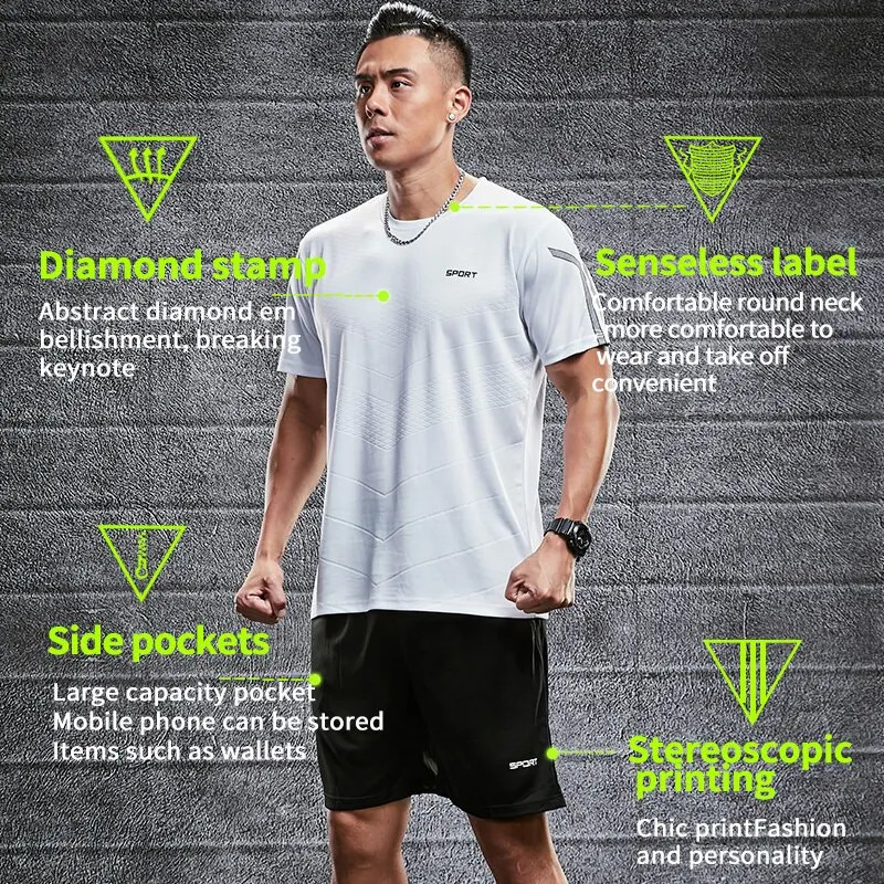 Fitness Clothes Mens Ice Silk Quick Drying Sportswear Set Summer Short Sleeved T-shirt Morning Running Training Room 250617