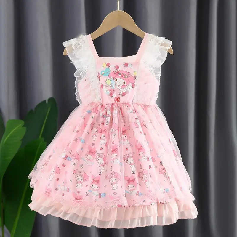 Sanrio Sanrio Kuromi Anime Peripherals Cartoon Character Girl Dress Kawaii Childrens Short Sleeve Puff Lolita Princess Skirt WholesaleXJ250618