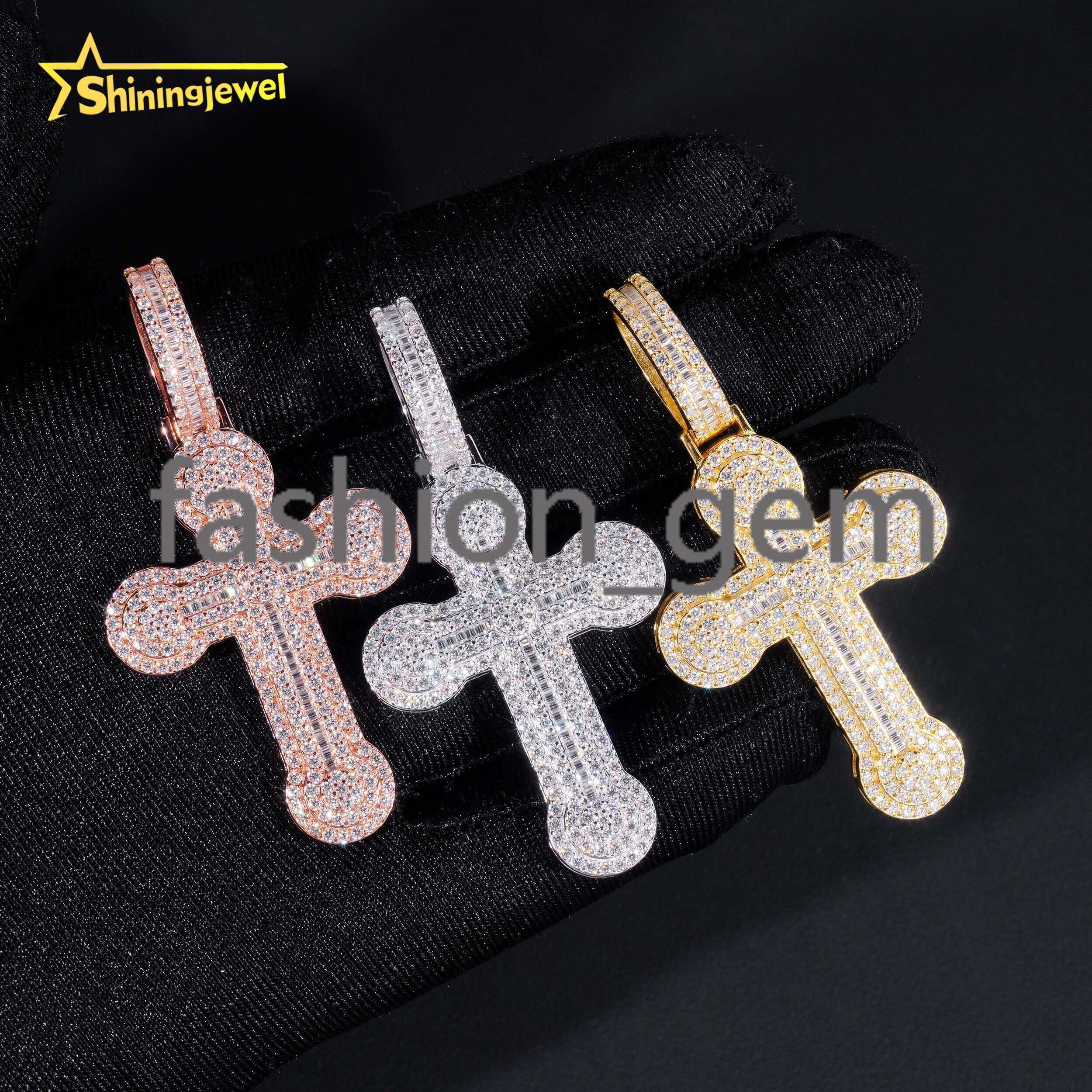 Iced Out Cross Pendant Baguette Moissanite Pass Diamond Test S925 Gold Plated Hip Moissanite Cross Charms Pendant