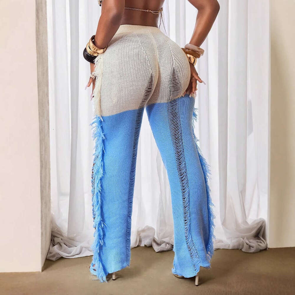 Summer Trendy Women's Fashion Sexy Hollow Out Patchwork Color Block Casual Long Pants B5