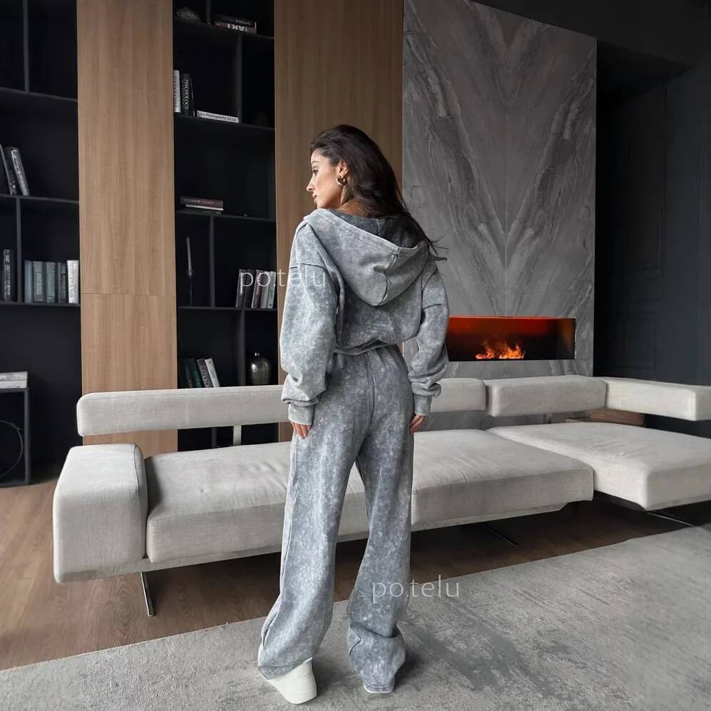 Cross-Border Waterproof Distressed Sweatshirtsuit Women's Long Sleeve Zip-Up Hooded Top Straight-Leg High-Waisted Casual