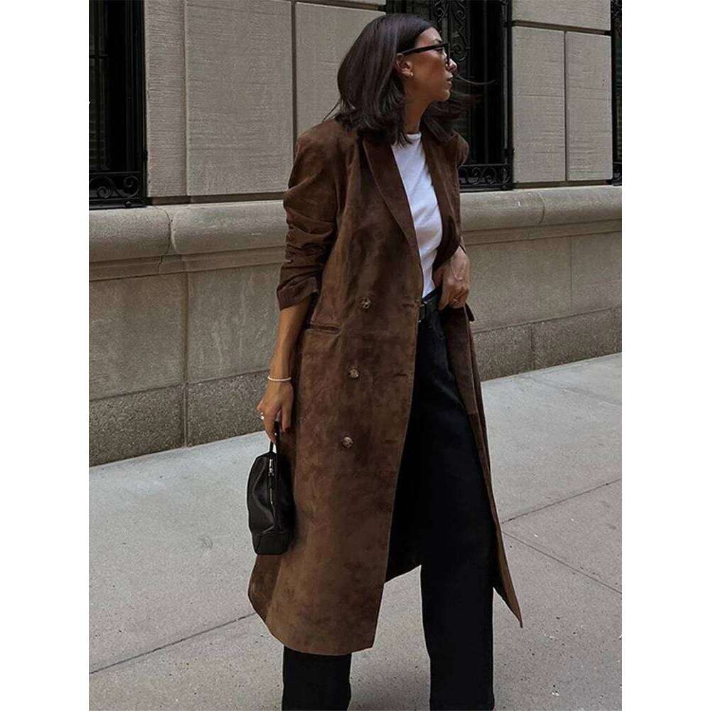 Elegant Suede Leather Women Long Windbreaker Coats Chic Lapel Double Breasted Lady Oversized Jackets 2024 Autumn Street Outwears