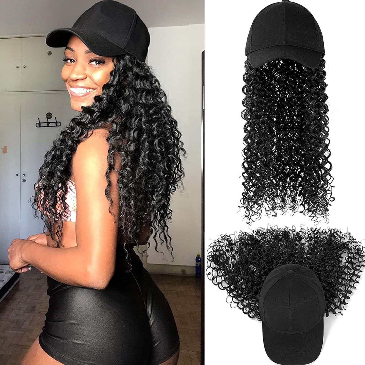 Afro-Style Long Curly Black Baseball Cap Wig All-in-One Small Spiral Noodle Curls Natural-Looking Synthetic Wig - In Stock