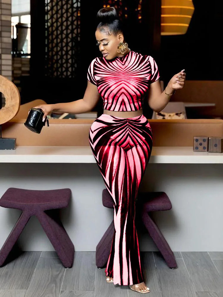 Weird Puss See Through Women 2Piece Set Sexy Stripe Print Summer Trend Shorts Sleeve Crop TopsFlare Pants Matching Club Outfits 250614