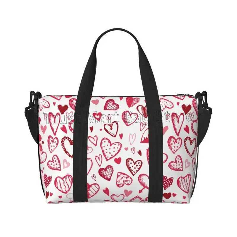 Red Love Hearts Pattern Travel Duffel Bag for Women Workout Weekender Overnight Bags Large Capacity Waterproof Luggage Handbag W250618