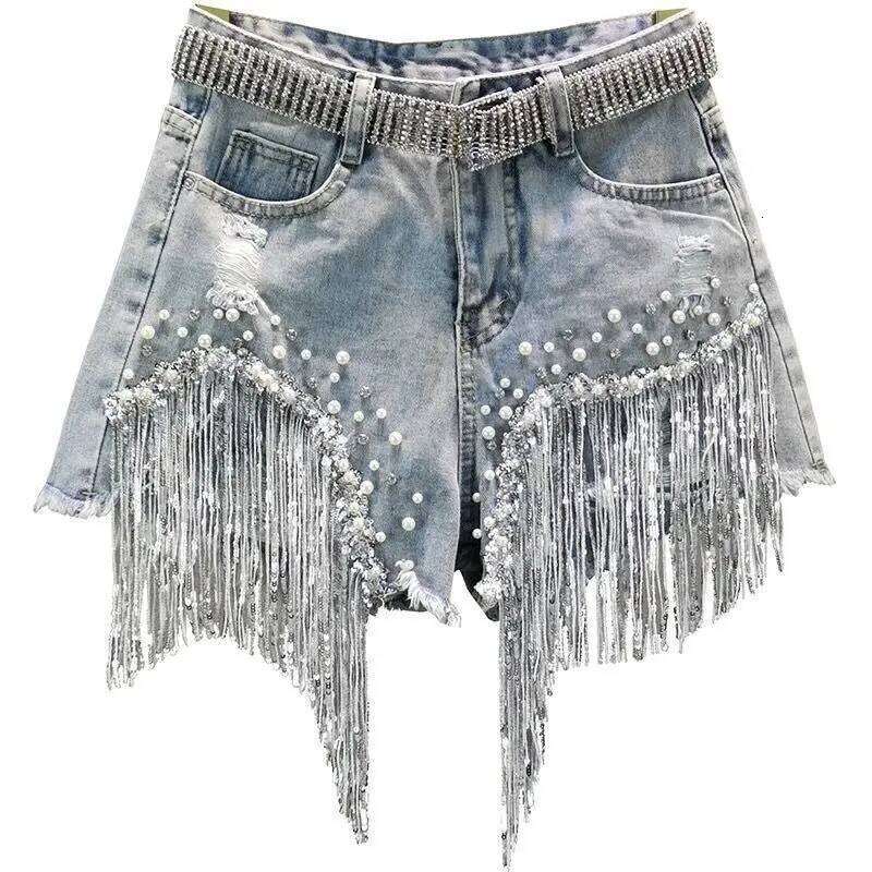 Wear Denim Shorts Women's Summer Clothes New European High Waist Thin Heavy Industry Beaded Sequined Fringed Broken Copper Jeans