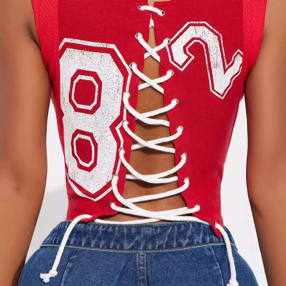 Summer New Slim Fit Printed Street Sexy Spaghetti Strap Backless Short Tank Top B5