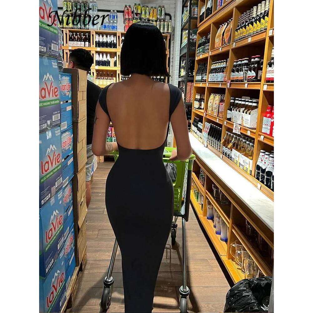 Nibber Solid Sexy Backless Maxi Dress Women Elegant Elastic Slim Short Sleeve Long Dresses Female Bodycon Streetwear Clothing